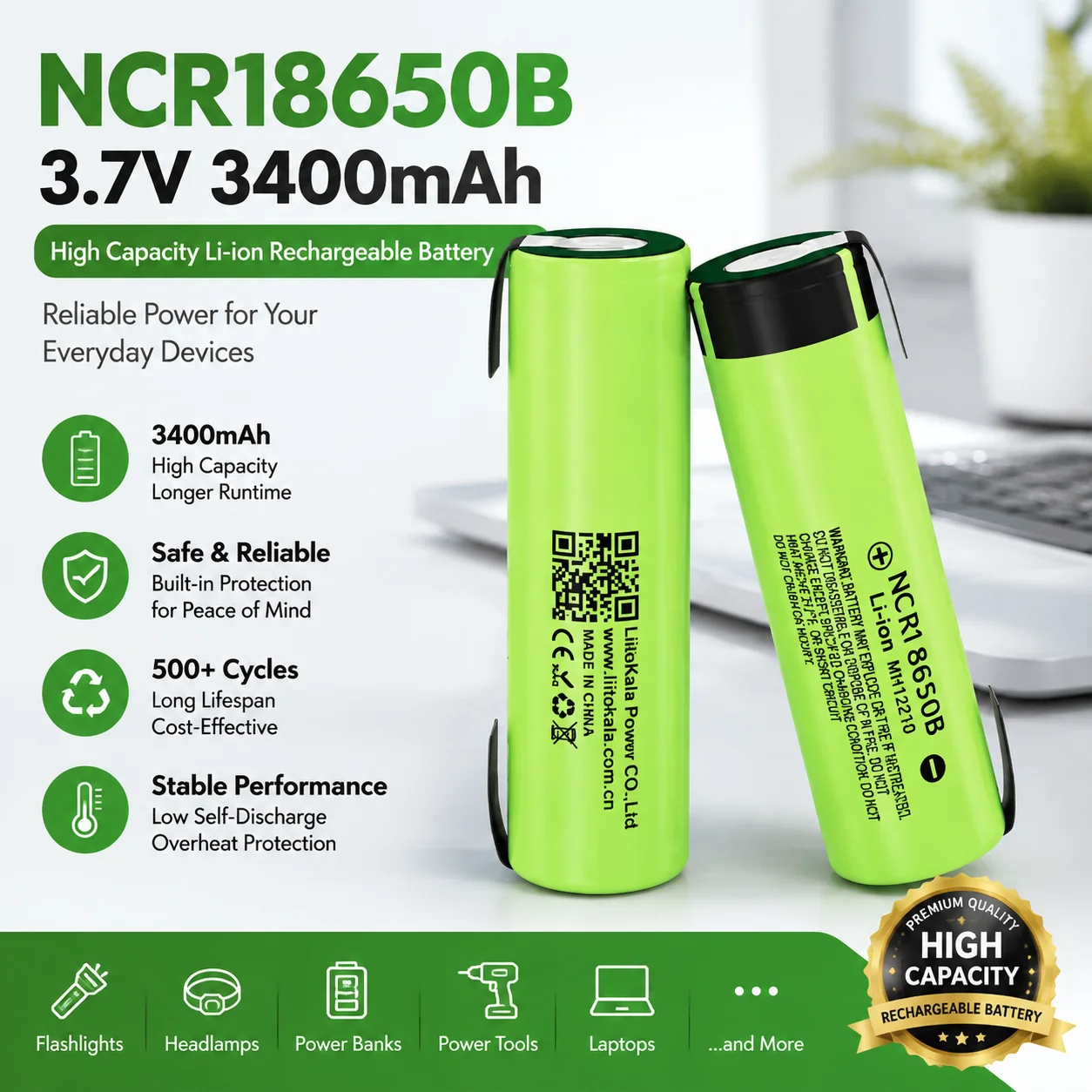 Hochleistungs-NCR18650B 18650 3,7V 3400mAh wiederaufladbare Lithium-Ionen-Zelle mit vorgelöteten Nickelanschlüssen, lange Lebensdauer von über 1000 Zyklen für DIY-Akkupacks, E-Bike-Powerbanks,