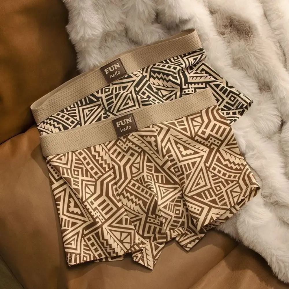 

3Pcs Fashion Plus Size Men Boxer Briefs Ethnic Style Stripe Printed Panties Seamless Mid Waist Shorts Underpants Male