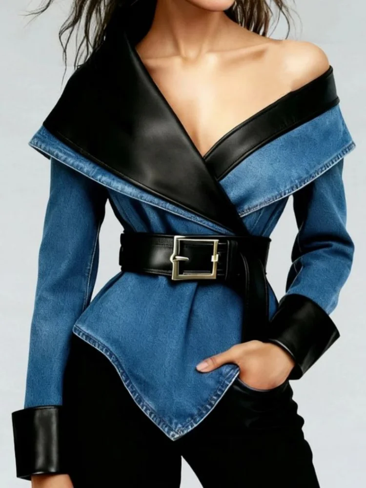 Fashion Women Denim Jacket Off‑Shoulder Faux Leather Patchwork Lapel Top Belt Waist Asymmetric Hem Long Sleeve Slim Outerwear