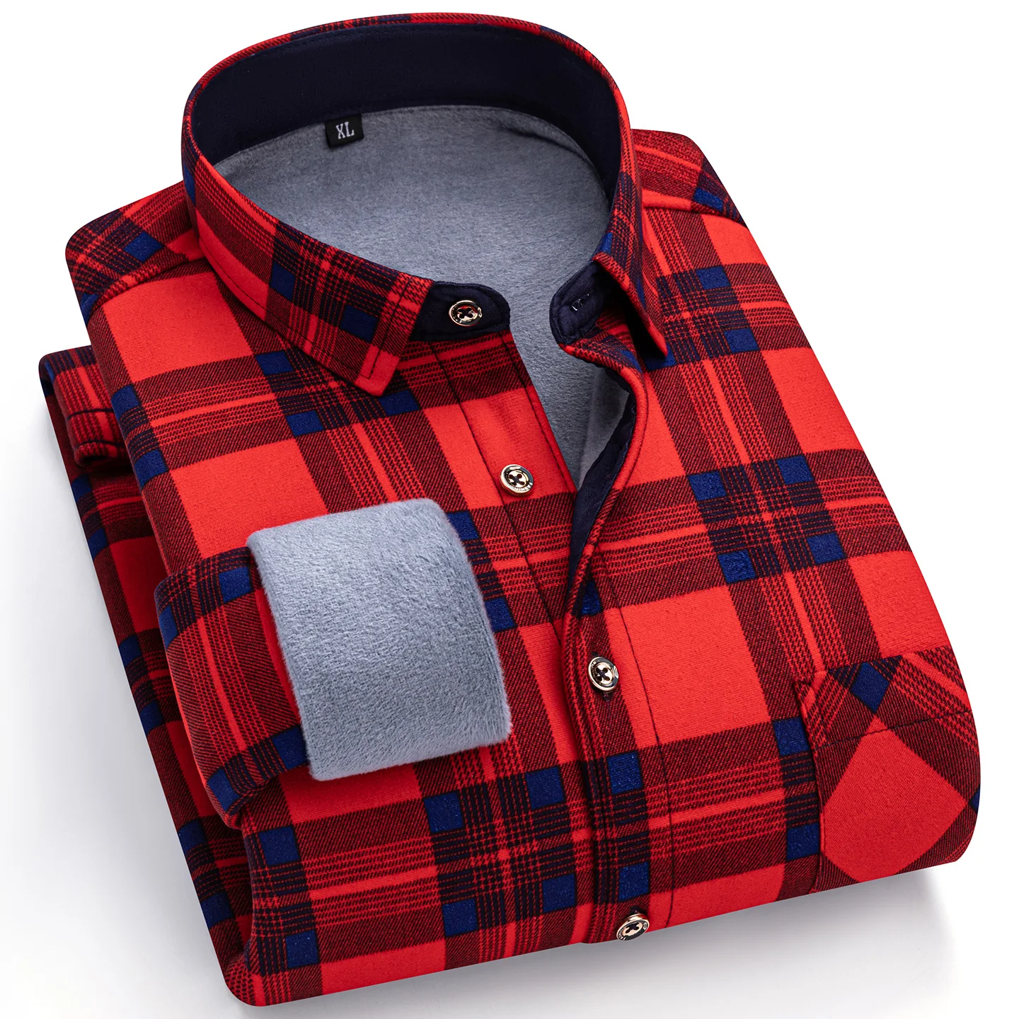 Men's long-sleeved shirt with thickened double-sided fleece, warm and cold-resistant, plus-size, casual winter checkered