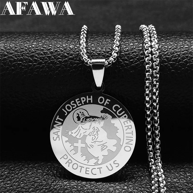 ŚW. JÓZEF Z CUPERTINO CHROŃ NAS Naszyjnik Archanioła ze stali nierdzewnej Srebrny kolor Medal Naszyjniki Biżuteria joyeria N3078S02