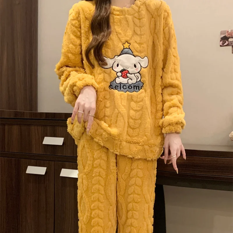 Piyama hangat bulu karang wanita Sanrio yukui Set pakaian rumah Pullover leher kru Jacquard lucu bulu domba musim gugur dan musim dingin