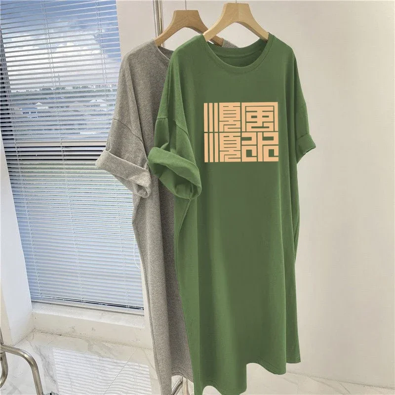 Women Clothing Chic Y2k Printed Dress Summer New Fashion Casual Loose Simple Comfortable Dresses Short Sleeve O-neck Tunic