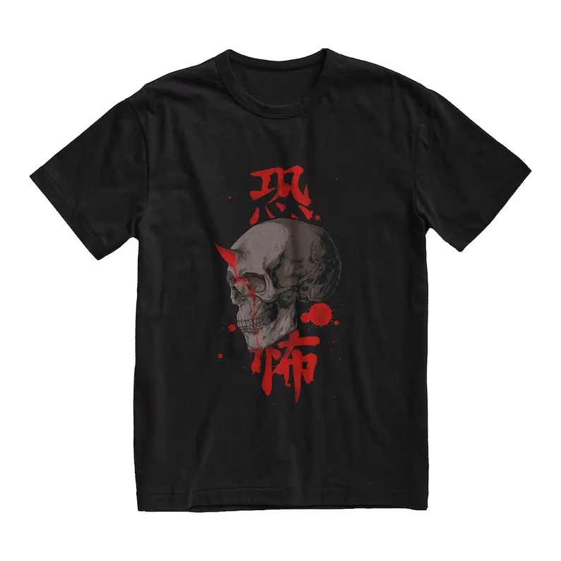 

Japanese Demon Skull T-Shirt Goth Clothes Grunge Clothing Kanji Tee Edgy Apparel Alt Clothing Aesthetic Shirt Strega Fashion