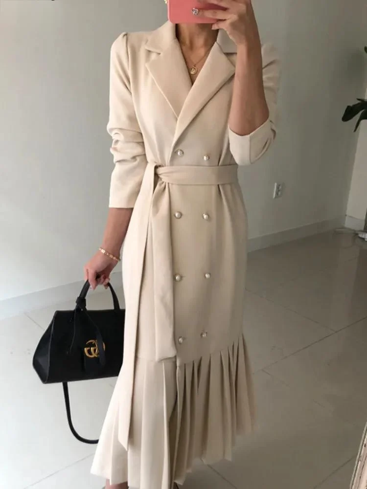 Women Elegant Blelted Slim Pleated Mermaid Dresses Robe Runway Autumn Korean New Fashion Chic Office Lady Long Dress