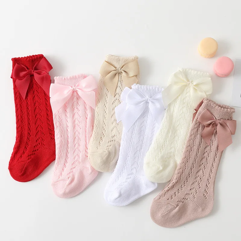 New Summer Baby Girls Socks Bows Toddlers Long Sock Kids Knee High Soft Cotton Spanish Children Breathable Mesh Socks 0-5Years