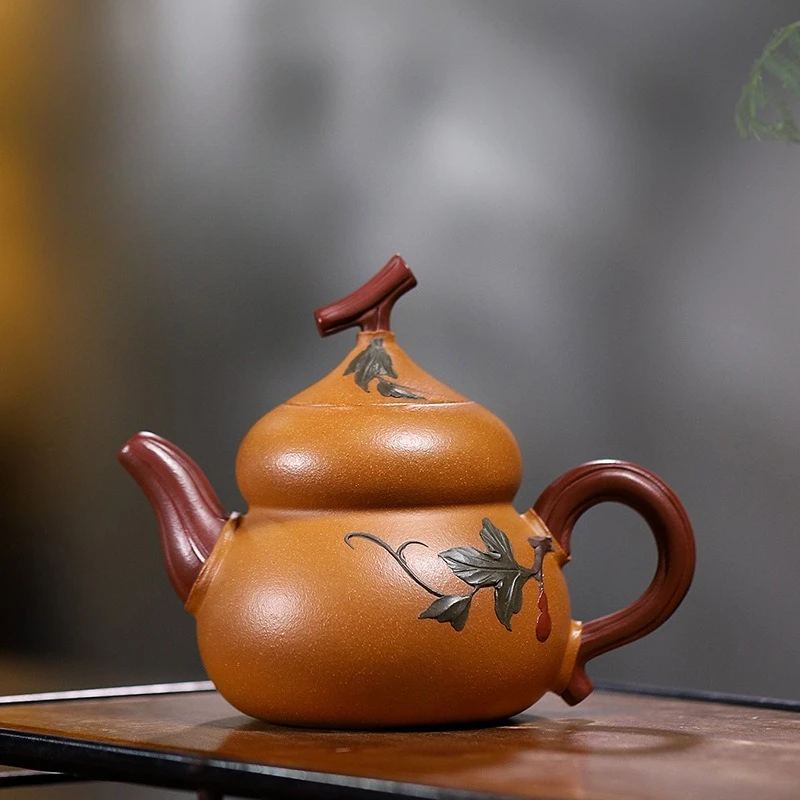 

Chinese Style Gourd Shaped Teapot, Raw Ore Gold Section Mud, Kung Fu Household, Pure Handmade, 300cc , Purple Clay Tea Pots, 1Pc
