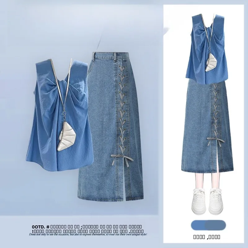 Korean Sle Summer Outfit Women's V-ne Knot Top And Denim Skirt Two-piece Set Faionable And Unique Design for Young Ladies