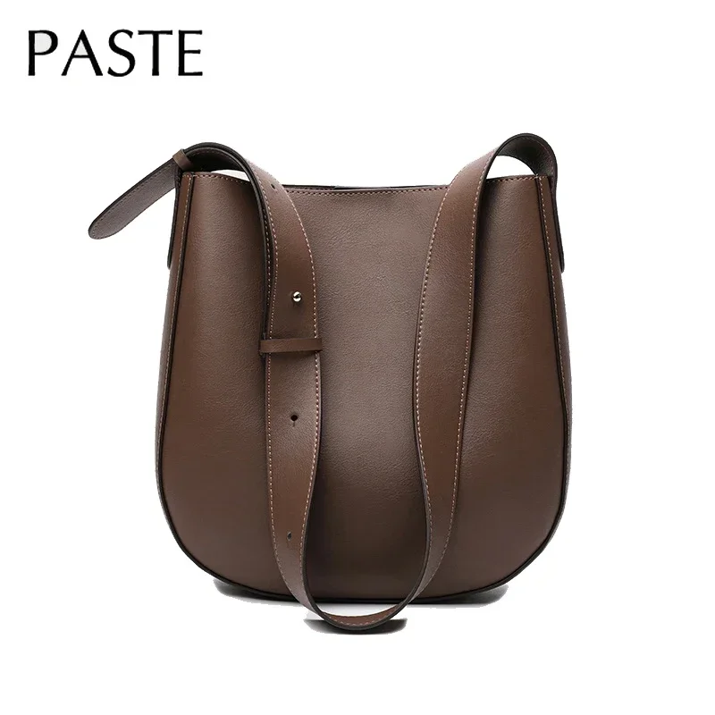 Minimalist Japan Korean Style Solid Color Bucket Tote Dark Brown Cowhide Leather Women Shoulder Bag Winter Luxury Crossbody Bag