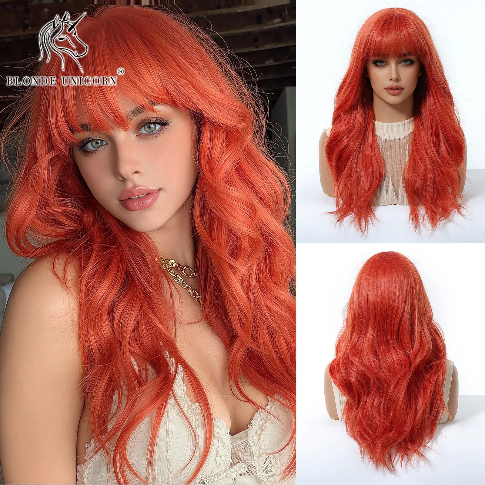 

Длинный волнистый синтетический парик имбирно-оранжево-коричневого цвета с челкой для женщин, натуральные термостойкие волосы для повседневного использования, вечерние косплей