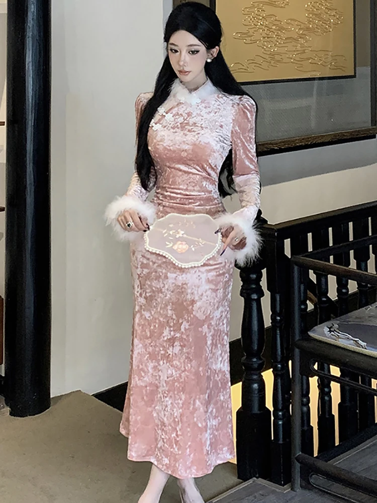 

Женское розовое бархатное жаккардовое платье с цветочным узором, осенне-зимнее, шикарное, с воротником-стойкой, 2026, корейское винтажное роскошное праздничное платье для выпускного вечера