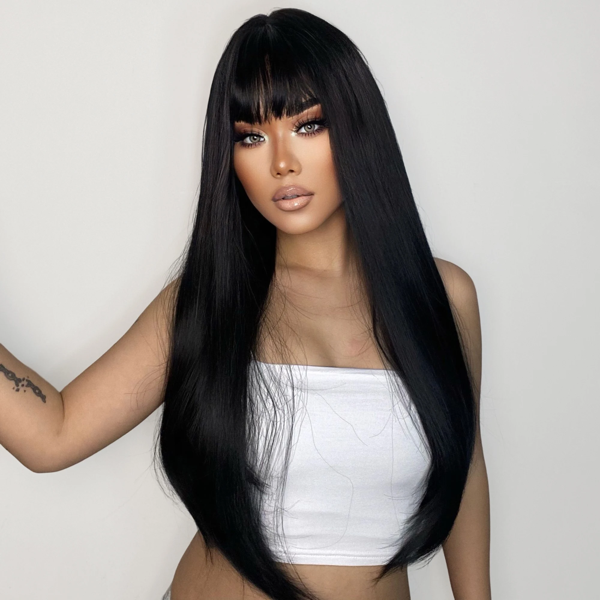 Natural Black Long Straight Synthetic Hair Wigs with Bangs for White Women Afro Cosplay Party Daily Hair Heat Resistant Fiber