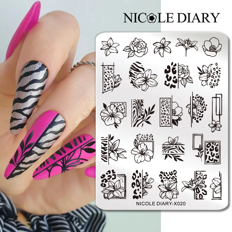 NICOLE DIARY Leopard Flower Nail Stamping Plate Image Transfer Template Geometry Leaf Stainless Steel Stencil Nail Printing Tool