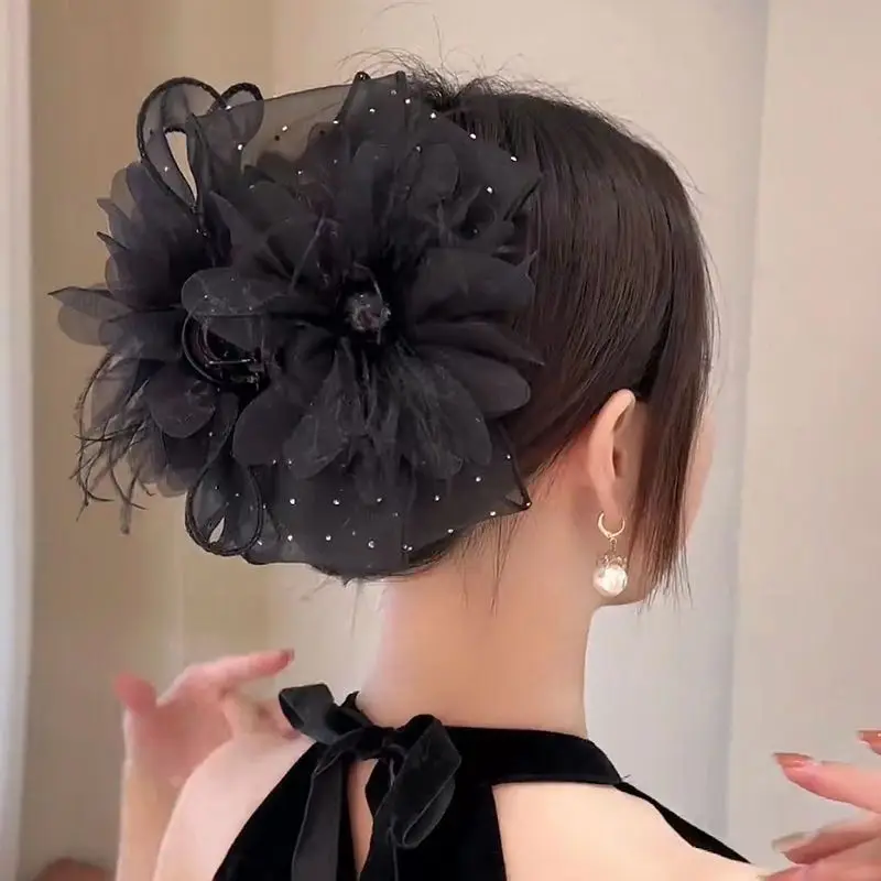 Korean Style Women New Hair Accessories Girls Black Night Hair Claws Mesh Feather New Fabric Flower Patch Handmade Headwear