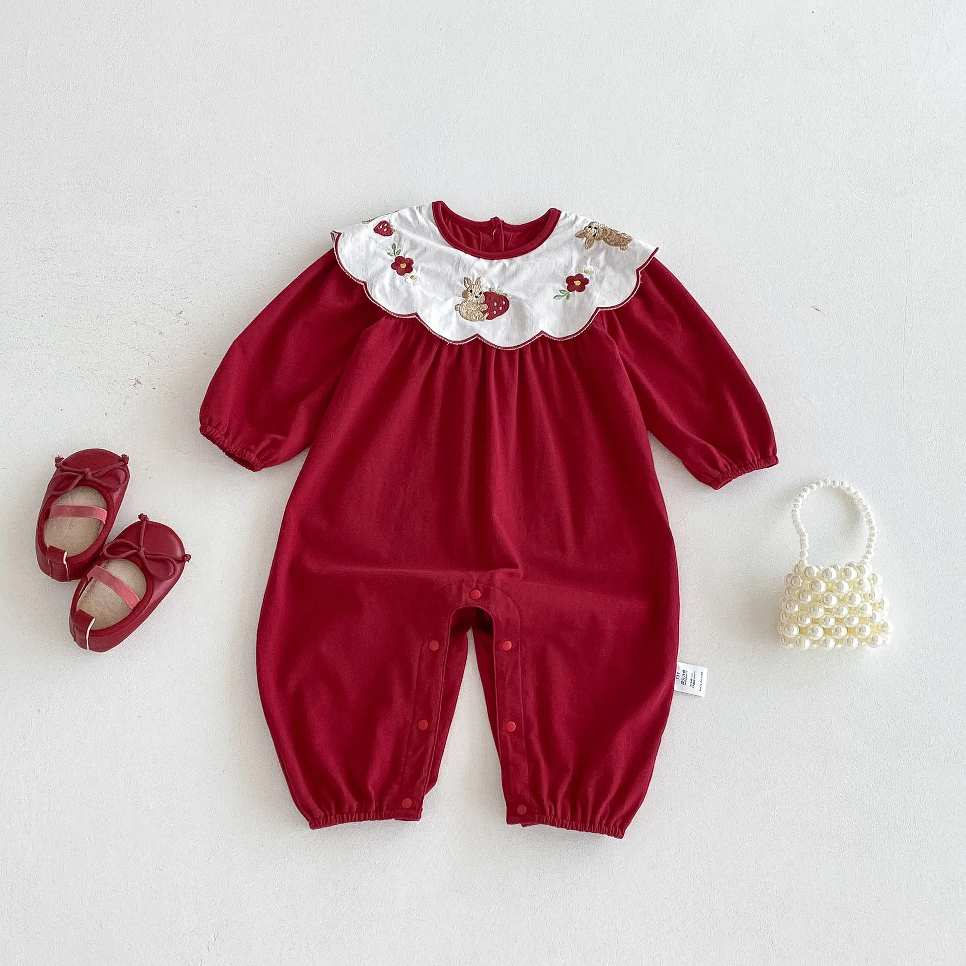 

Baby Girl Christmas Romper Jumpsuit 0-24M Vintage Embroidered Collar Soft One-Piece with Button Closure Toddler Outfit Bodysuit