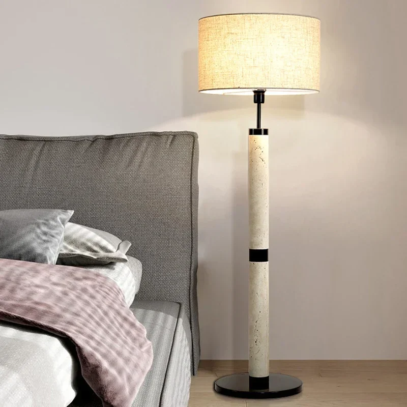 Modern High-end LED Fabric Lampshade Floor Lamp Yellow Travertine Restaurant Living Room Luxury Floor Light