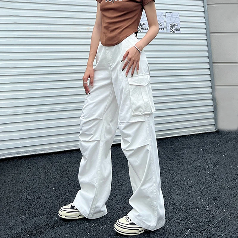 

Y2K Retro White Cargo Pants Women Vintage Oversized Pockets Parachute Trousers Female Baggy Hippie Straight Wide Leg Mopping