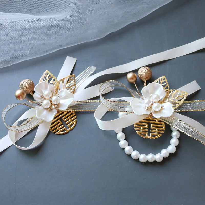 

Bridesmaid Wedding Wrist Corsage Bracelet Bridal Wrist Flower Ribbon Pearl Hand Flowers Party Wedding Accessories Jewelry Gifts