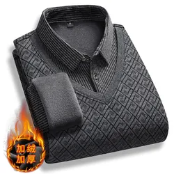 New Autumn Men Stripe Casual Twinset Shirts Sweaters Man Outwear Knitted Pullovers Male Fleece Warm Fake Two Pieces Sweaters 4XL
