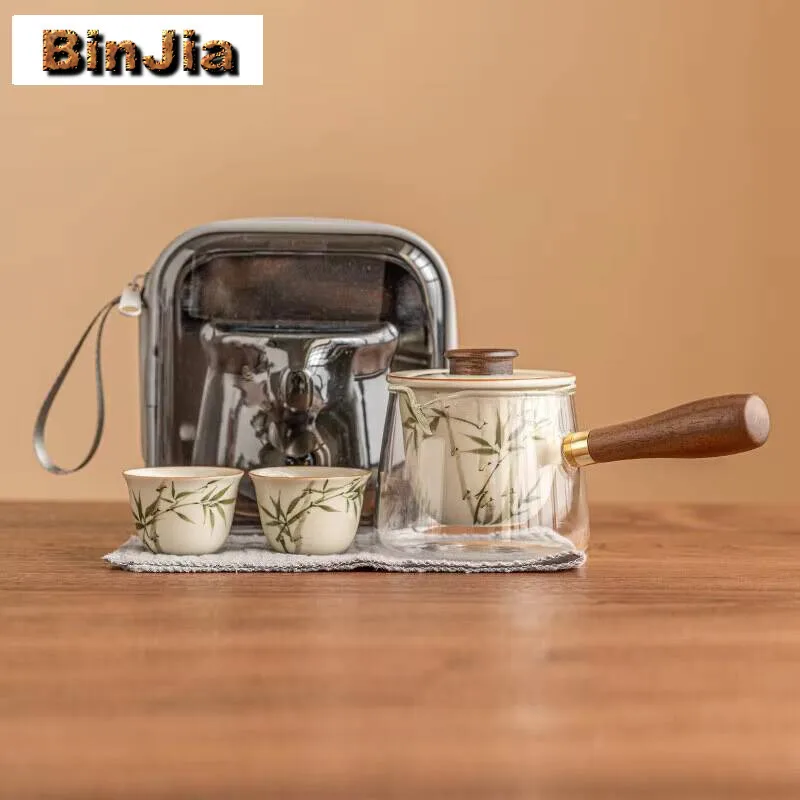 

Ручная роспись изумрудной спаржи, дорожный чайный сервиз, бытовой стеклянный чайник с боковой ручкой, винтажный 1 горшок, 2 чашки, украшение для заваривания