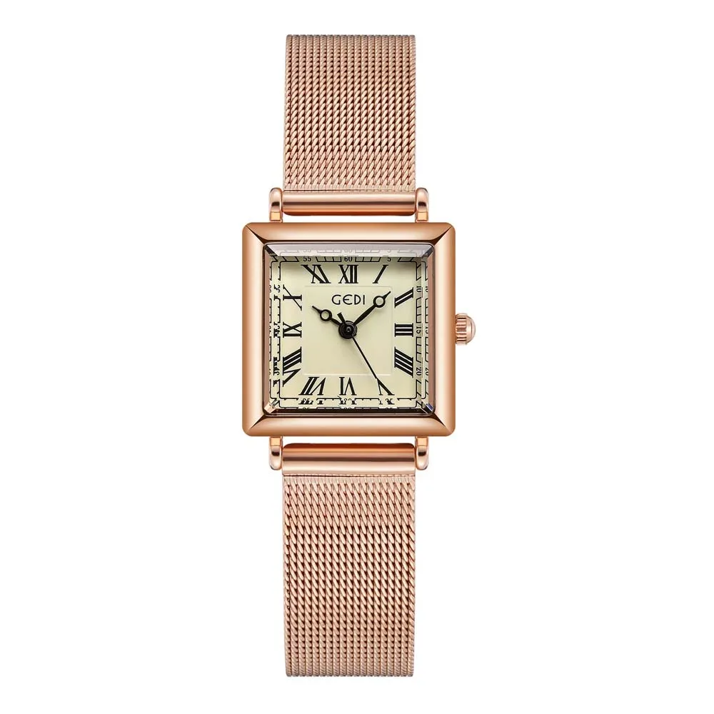 GEDI Women's Roman Vintage Small Square Dial Waterproof Quartz Watch - Luxury Mesh Strap Wristwatch for Ladies