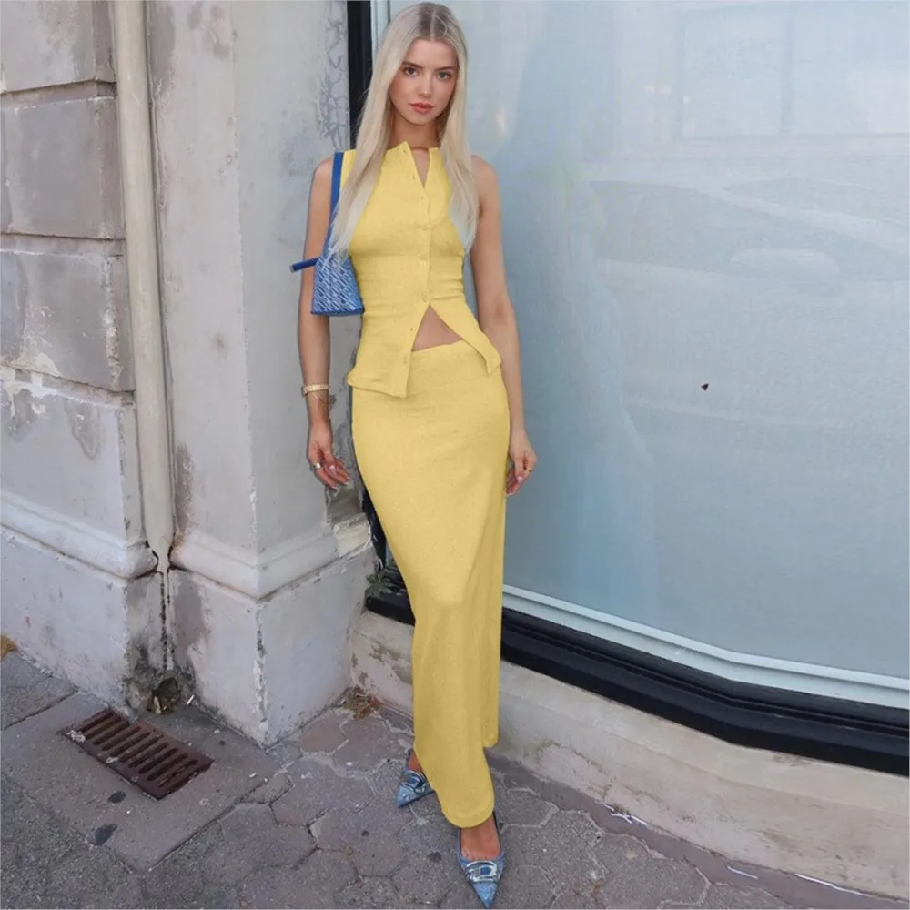 Solid Color Maxi 2-Piece Set Women Spring New Ribbed Sleeveless Single Breasted Cardigan Vest Skirt Fashion Sexy Outfits Women view 5