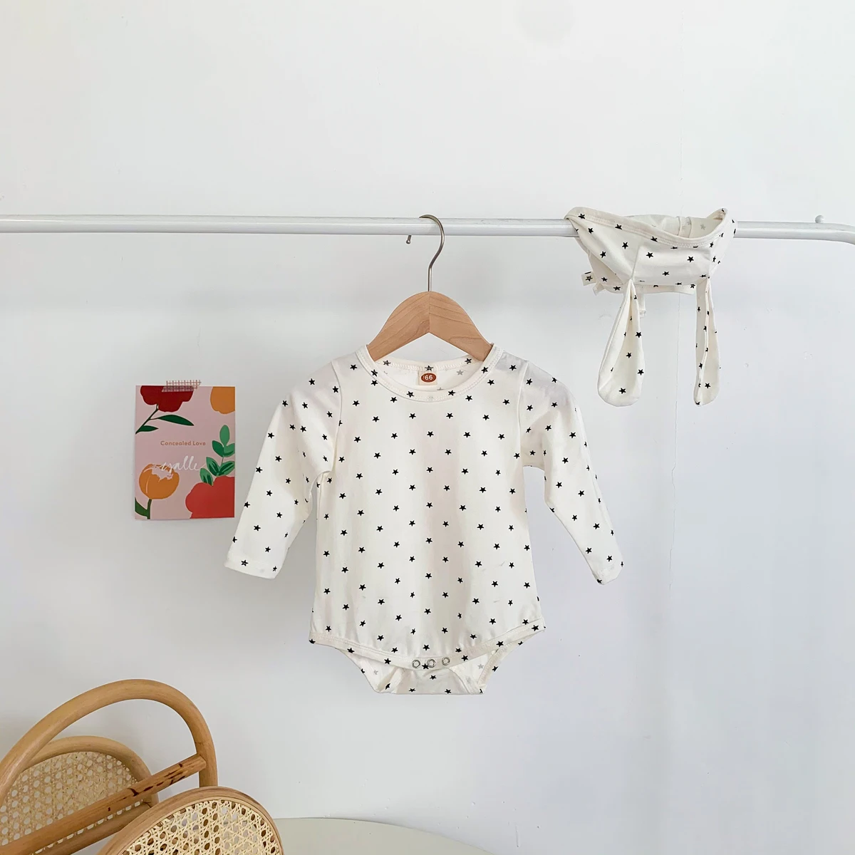Bebê estrela estampa macacão com orelhas de coelho chapéu, manga comprida onesies, meninos recém-nascidos e meninas roupas, 2 cores