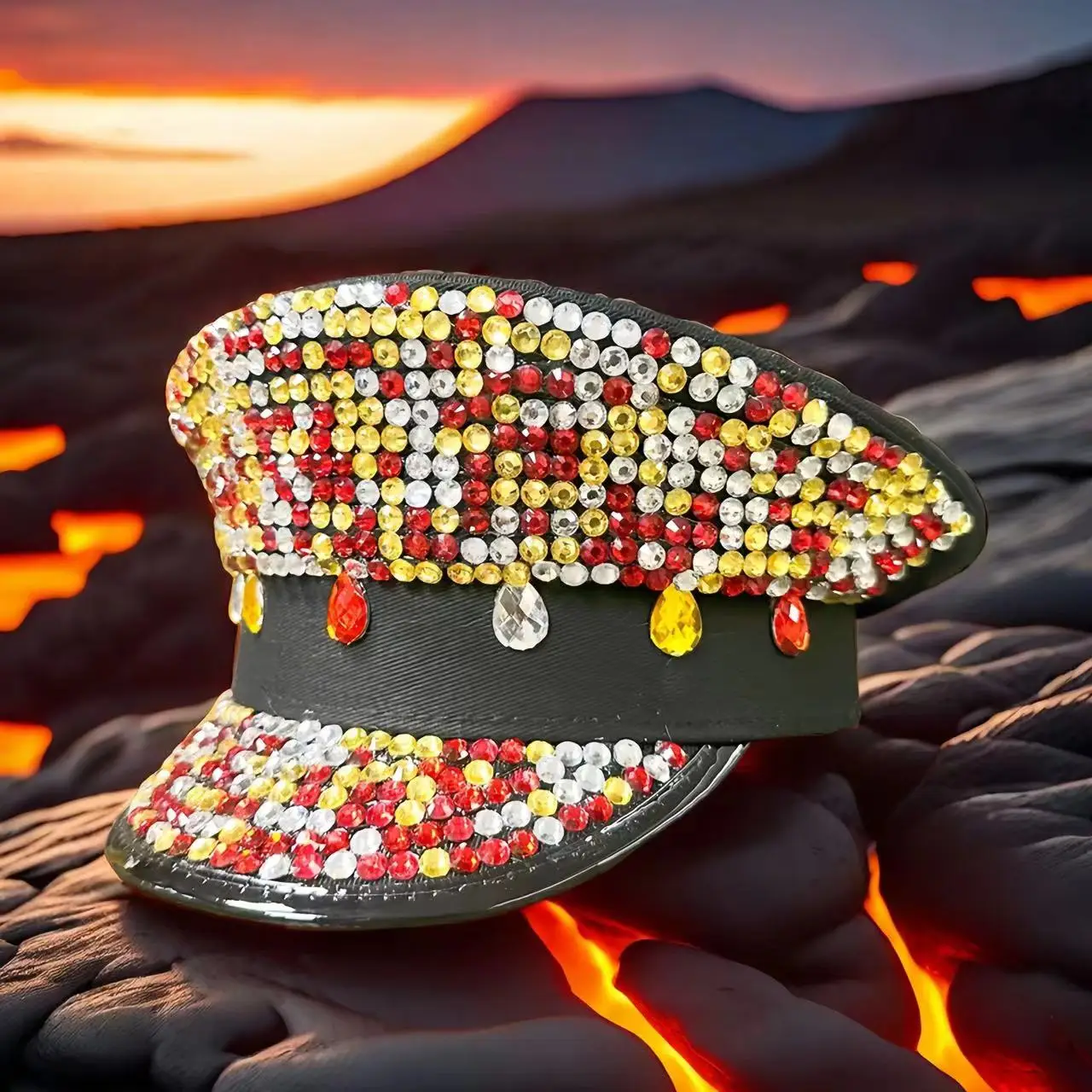 HongLuan gorra militar, gorro de color rojo, amarillo y blanco, con piedras preciosas pequeñas, diamantes de imitación, A la moda, color negro, azul marino, para fiestas de despedida de soltera