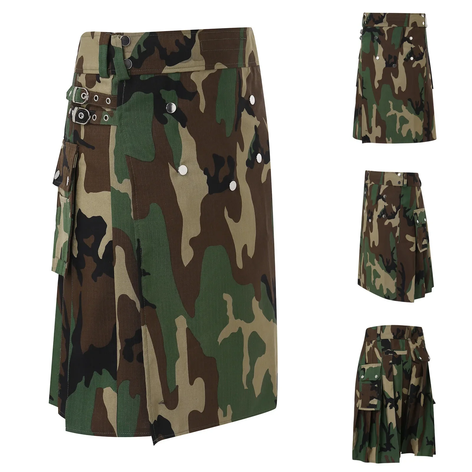 

Camouflage Kilt Men'S Fashion Scottish Style Skirt Casual Pleated Pocket Pleated Medieval Knee Length Tartan Utility Skirt