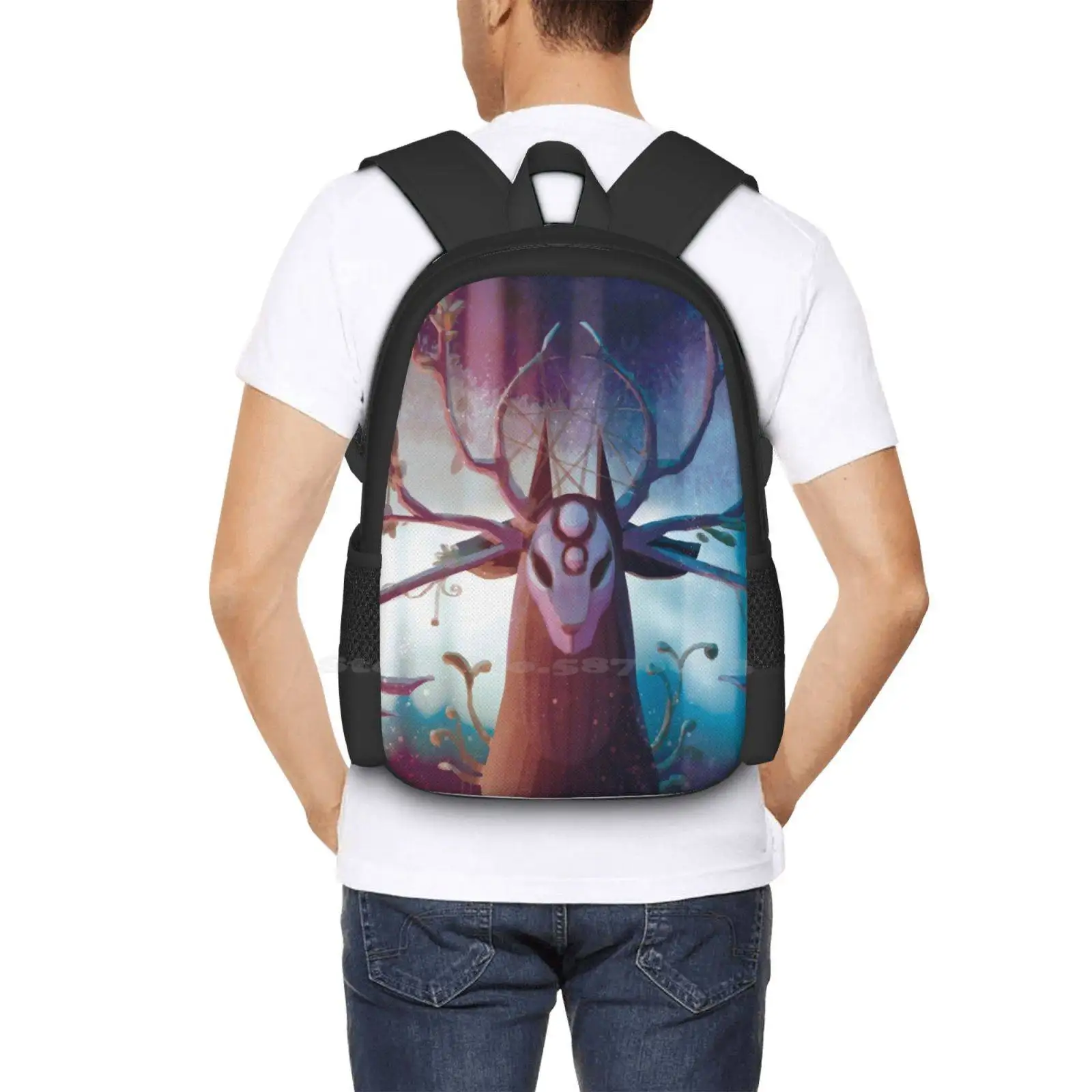 Mochila Alpha Stag para estudiante, bolsa de viaje para portátil, escuela, ciervo, plantas del bosque, flores, criaturas de fantasía