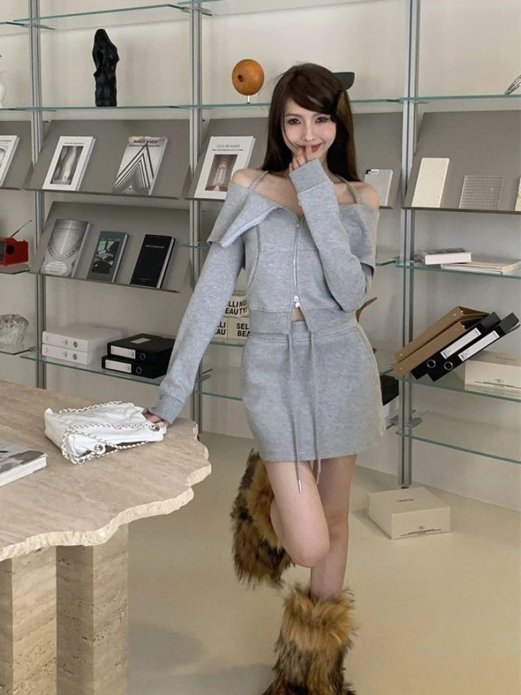 2023 Autumn Sportswear Clothing Suit Korean Fashion 2 Piece Set Woman Solid Casual Cardigan + Slim Y2k Mini Skirt Office Lady