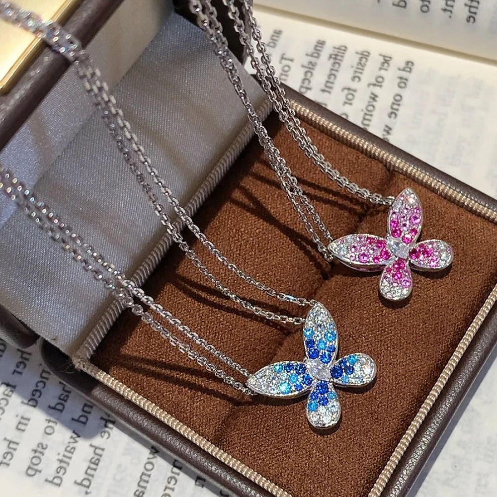 Trendy Real 925 Sterling Silver Necklaces For Women Gift Pink Blue Cubic Crystal Design 5a Zircon Pendant Luxury Fine Jewelry