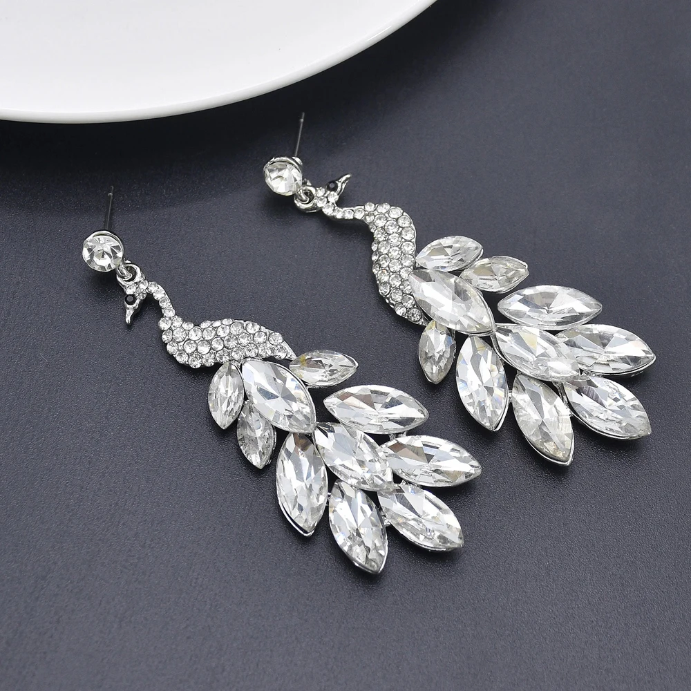 Luxury Rhinestone Crystal Flower Chandelier Peacock Long Drop Earrings for Women Bride Wedding Banquet Femme Jewelry Accessories