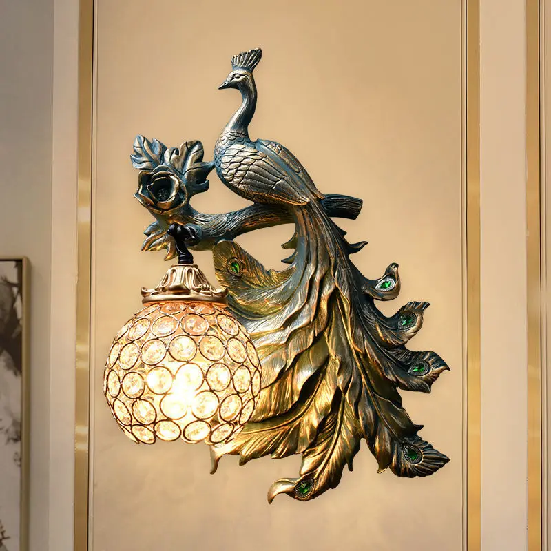 American Retro Peacock Wall Lamp Nordic Living Room Bedroom Bedside Wall Decoration Lights Resin Sconce Wall Decoration Pendant