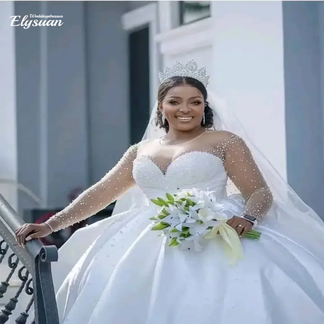 Customized New High Quality Bridal Luxury Long Sleeve Round Luxury Printed Bridal Gown Luxury Wedding Dresses