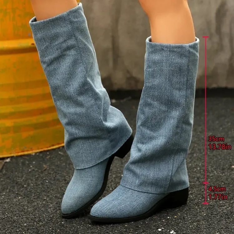 Women's Knee High Boots Autumn Fashion Pointed Toe Shoes Classics Women Western Cowboy Boots Denim Knight Boot Botas Mujer
