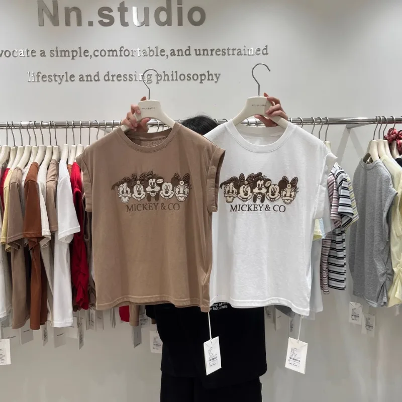 Cartoon Embroidered Flying Sleeves T-shirt Women's 2025 Summer New European Style T Shirts Heavy Industry Sleeveless Vest Top