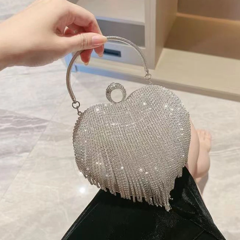 

Tassel Women Evening Bags Diamonds Heart Design Fashion Rhinestones Day Clutch One Side Handle Handbags Purse