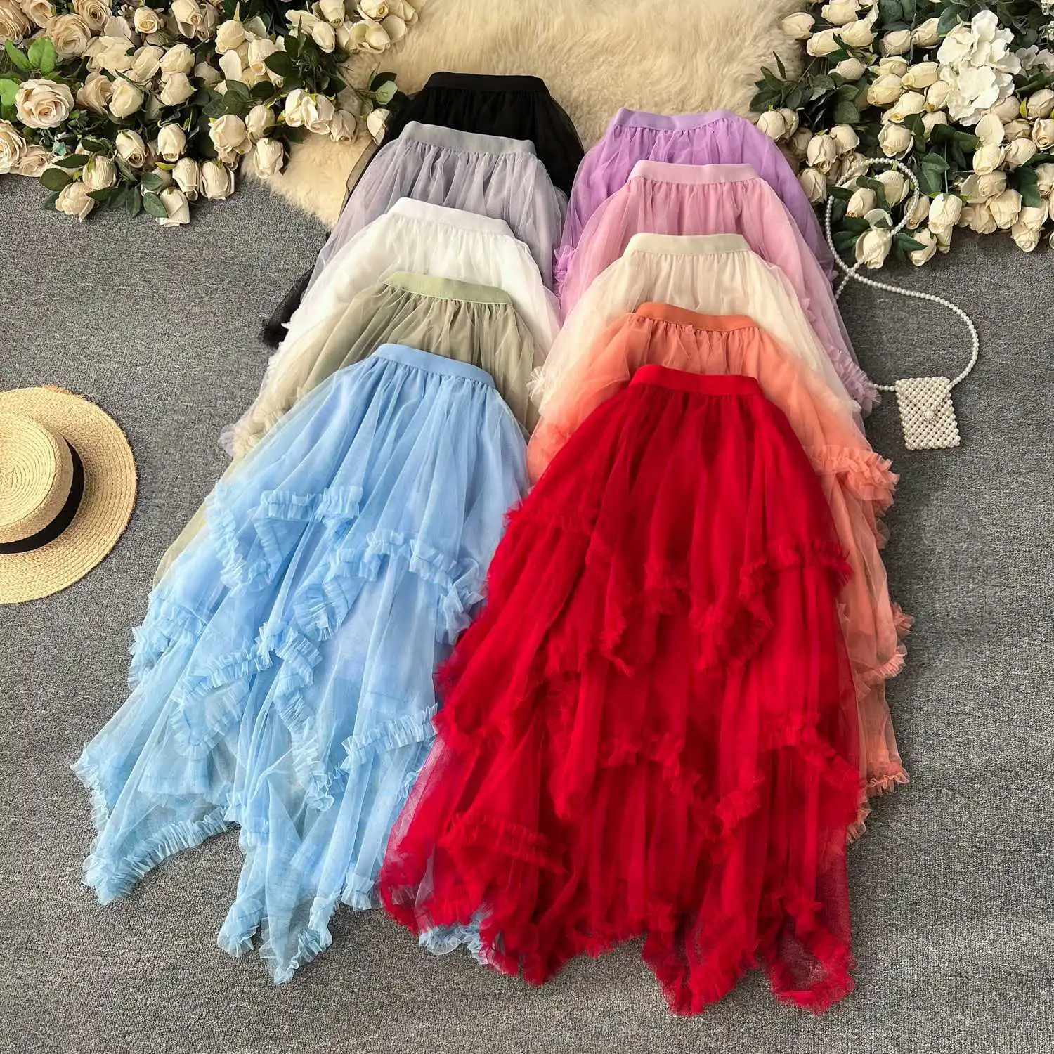 

2025 New Korean Style Mesh Skirt for Women Gentle Elastic Waist Irregular Puffy Princess Fairy Versatile A Line Ladies Fashion