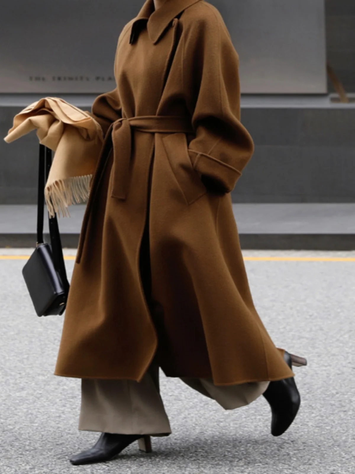 

Pure Poet Autumn Winter New Sle Double-sided Woolen Coat Women's Mid-length Korean Hepburn Sle Camere Coat Trendy Belted