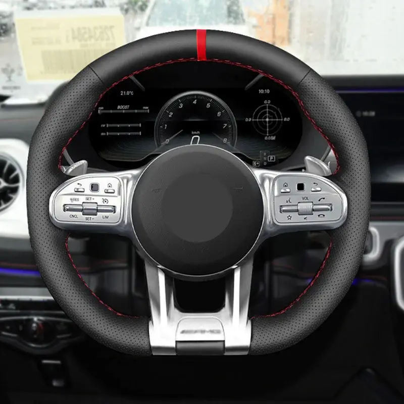 Car Steering Wheel Cover For Mercedes Benz CLA 35 A45 E63 AMG GT C190 R190 W177 W205 W213 GLC 43 X253 GLE 53 W167 Leather Trim