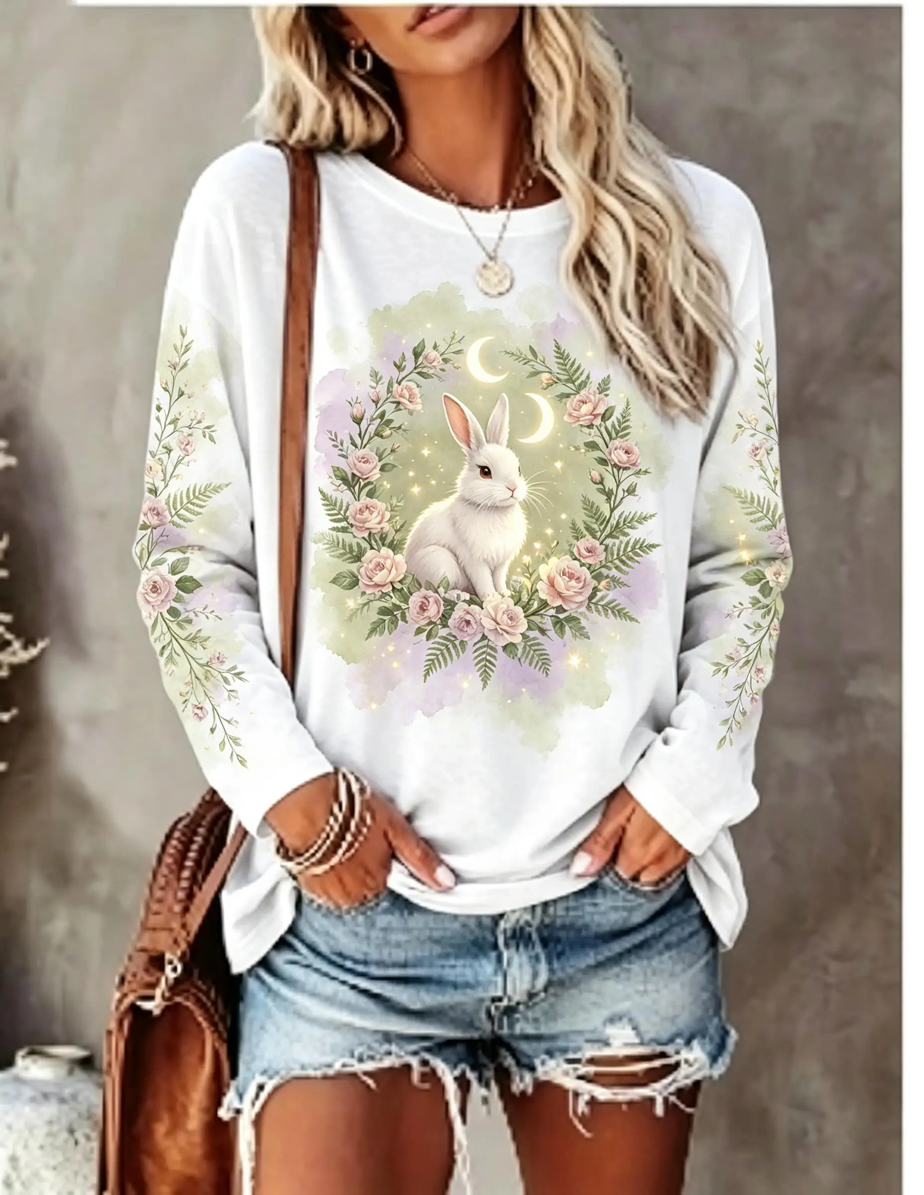 Women Long Sleeve T Shirt Howling Wolf Full Moon Wild Floral Night Print Crew Neck Casual Fall Tops view 5
