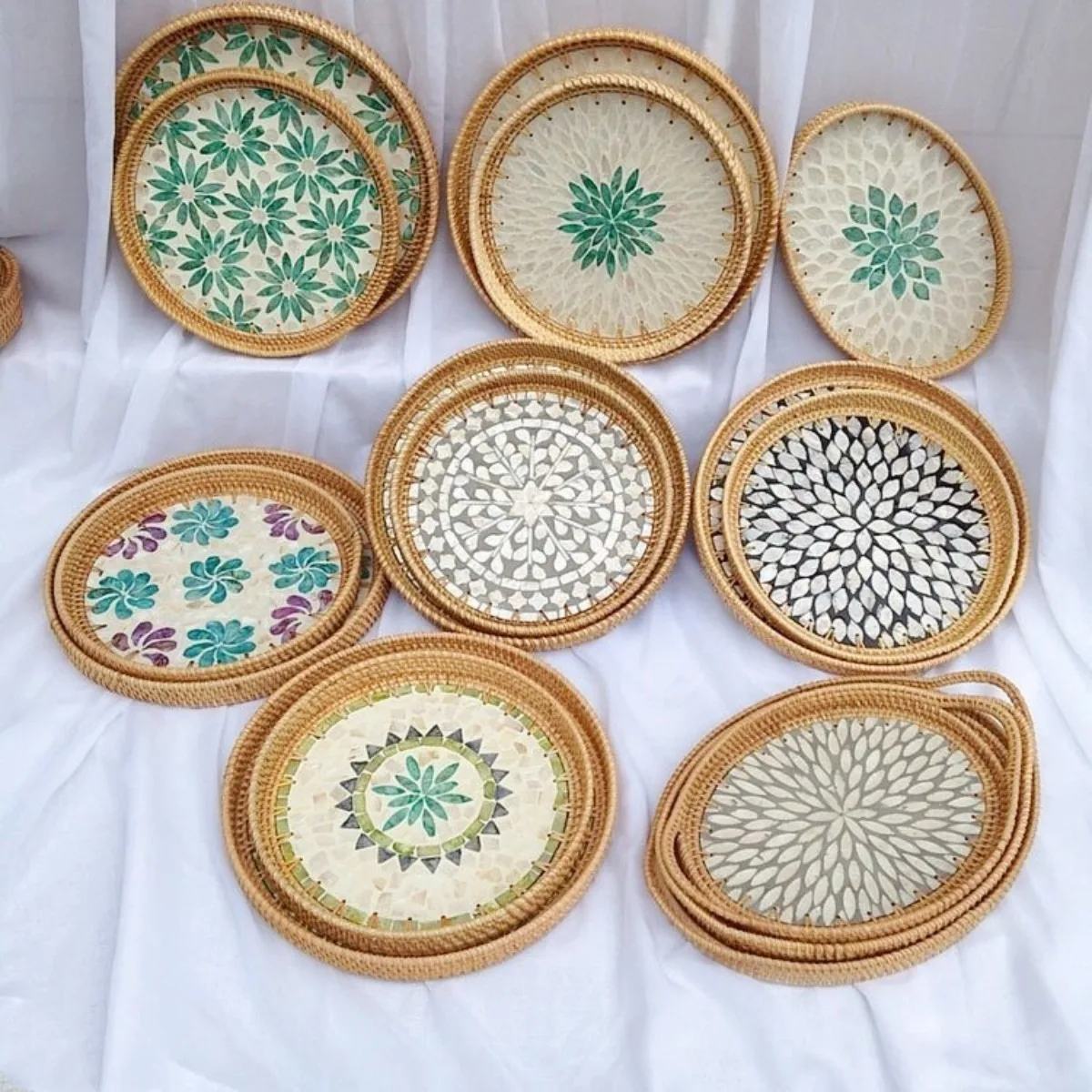 

14" Round Rattan Boho Serving Tray with Mother of Pearl Inlay Wicker Basket for Coffee Table Hand Woven Decorative Tray Plates