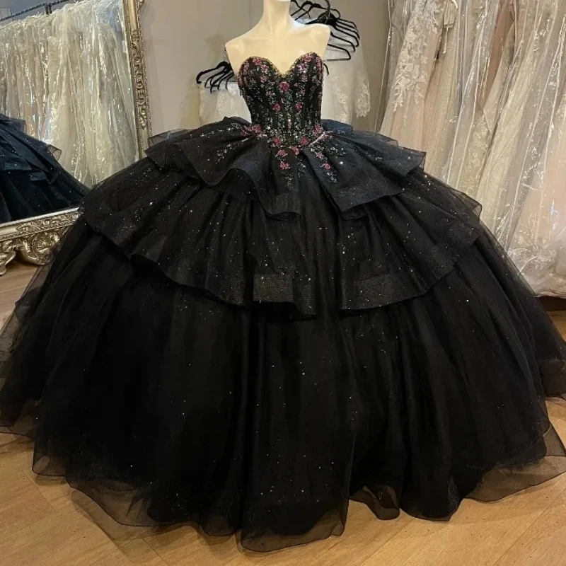 Robe Quinceanera noire avec appliques en dentelle, tulle perlé, jupe bouffante à plusieurs niveaux, robe douce, robe éducative, image réelle, 16, 14, 15 ans, 2024