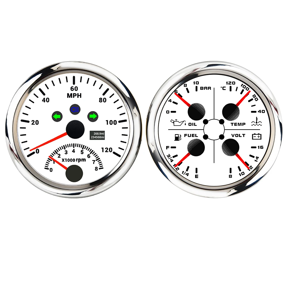 

ELING Car Boat Universal 85mm 4 in 1 Oil Press Water Temp Fuel Level Voltmeter Gauge + 120mph 200km/h GPS Speedometer Tachometer