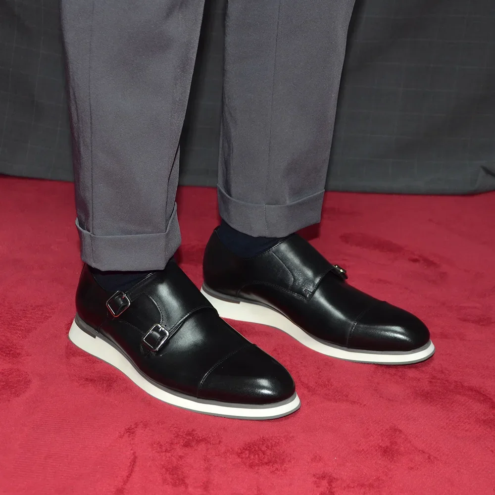 2025 Luxury Designer Classic Men\'s Black Double Buckle Monk Shoes Real Leather Casual Hasp Man Sneakers Daily Business Footwear