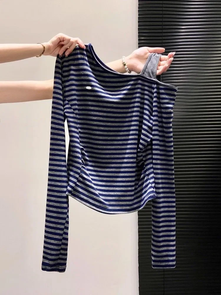 여성용 스트라이프 사선 숄더 긴팔 티셔츠 초가을 신상 슬림핏 불규칙 베이스 탑