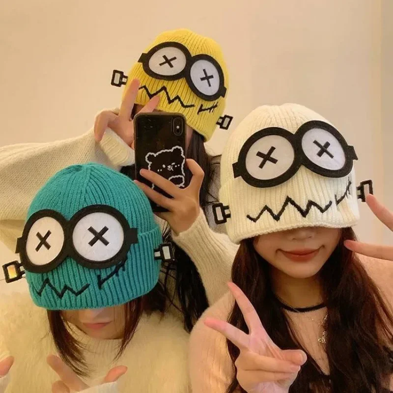 

Cute Cartoon Cuff Beanies Hats for Women Big Eyes Smile Stickers Skullies Hat Fashion Streetwear Winter Caps Knitted