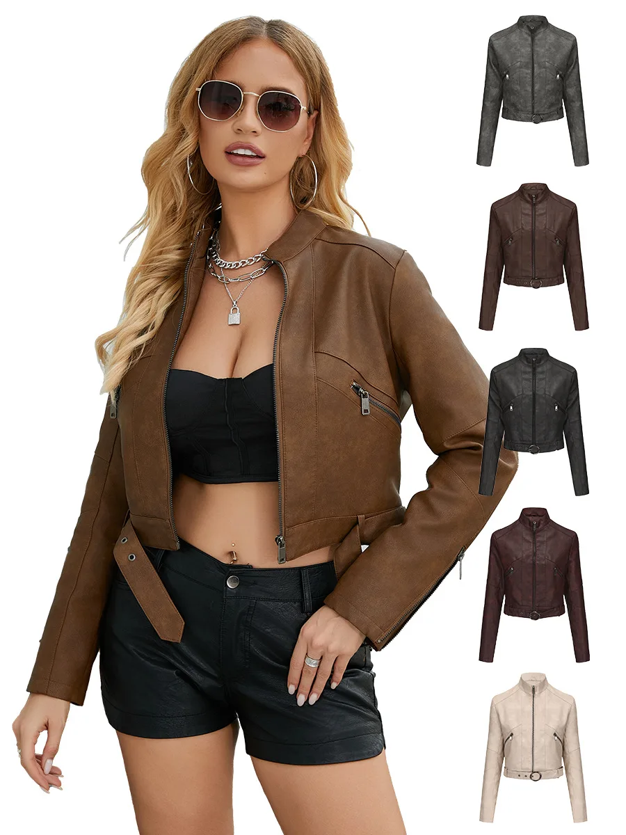 Motorcycle Style Leather Jacket for Women, Belt and Zipper, Short Style, Sexy Outdoor Jacket, Spring and Autumn, 24 New