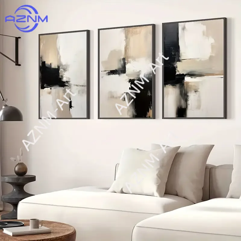 Set aus 3 zeitgenössischen abstrakten Kunstgemälden, schwarz-beige minimalistisches Wandposter, Leinwanddruck, modernes Zuhause, Wohnzimmer, Schlafzimmer O